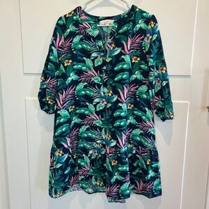 LOFT Tropical Palm Leaf Linen Blend Dress‎ Navy Blue Pink  Floral Island Small